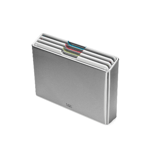 Set mit 4 Schneidebrettern und Edelstahlbox – Folio Steel – Joseph Joseph