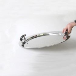 Tabuleiro Oval com Pegas 48cm – Inox e Preto – Alessi
